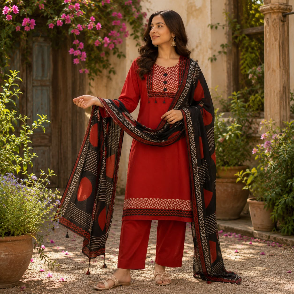 Elegance Pure Cotton Red Printed Kurti Set
