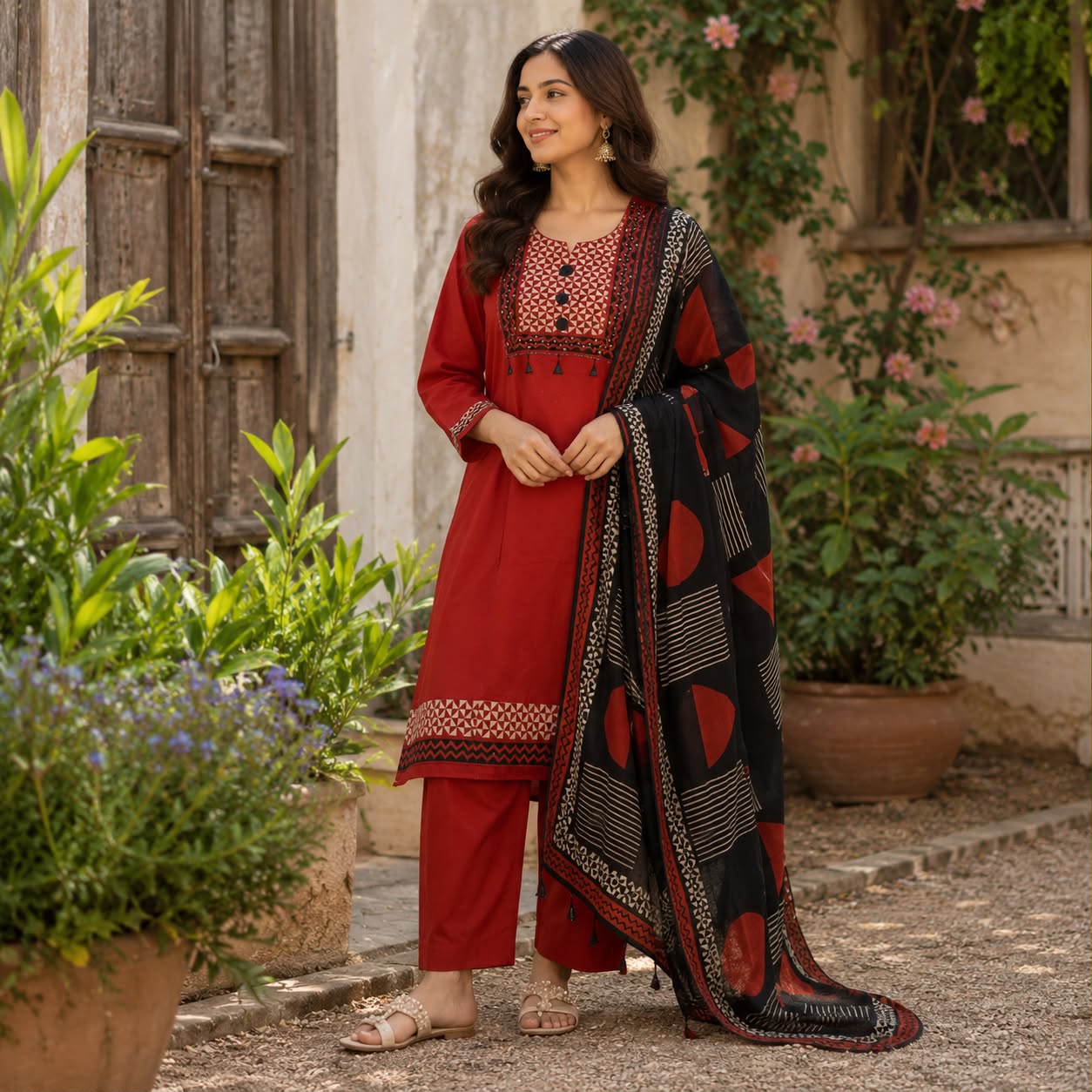 Elegance Pure Cotton Red Printed Kurti Set