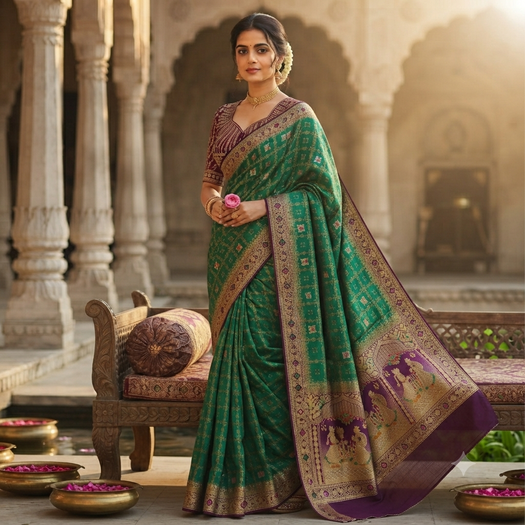 EMERALD GREEN PURPLE BANARASI SILK SAREE