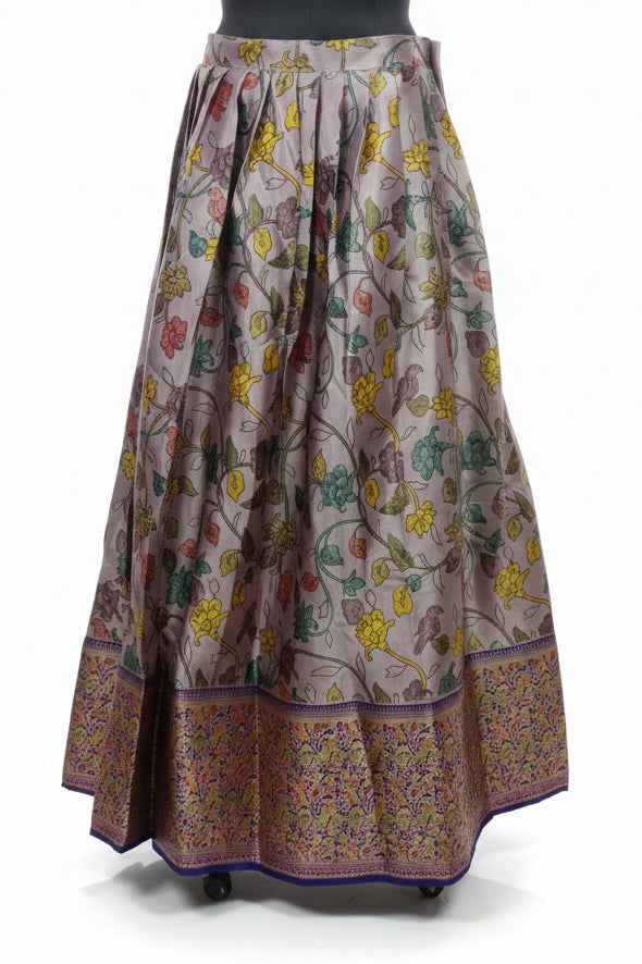 LAVENDER- SILVER LEHENGA WITH MULTICOLOUR FLORAL JAAL PRINT+ THAT RICH BROCADE BORDER
