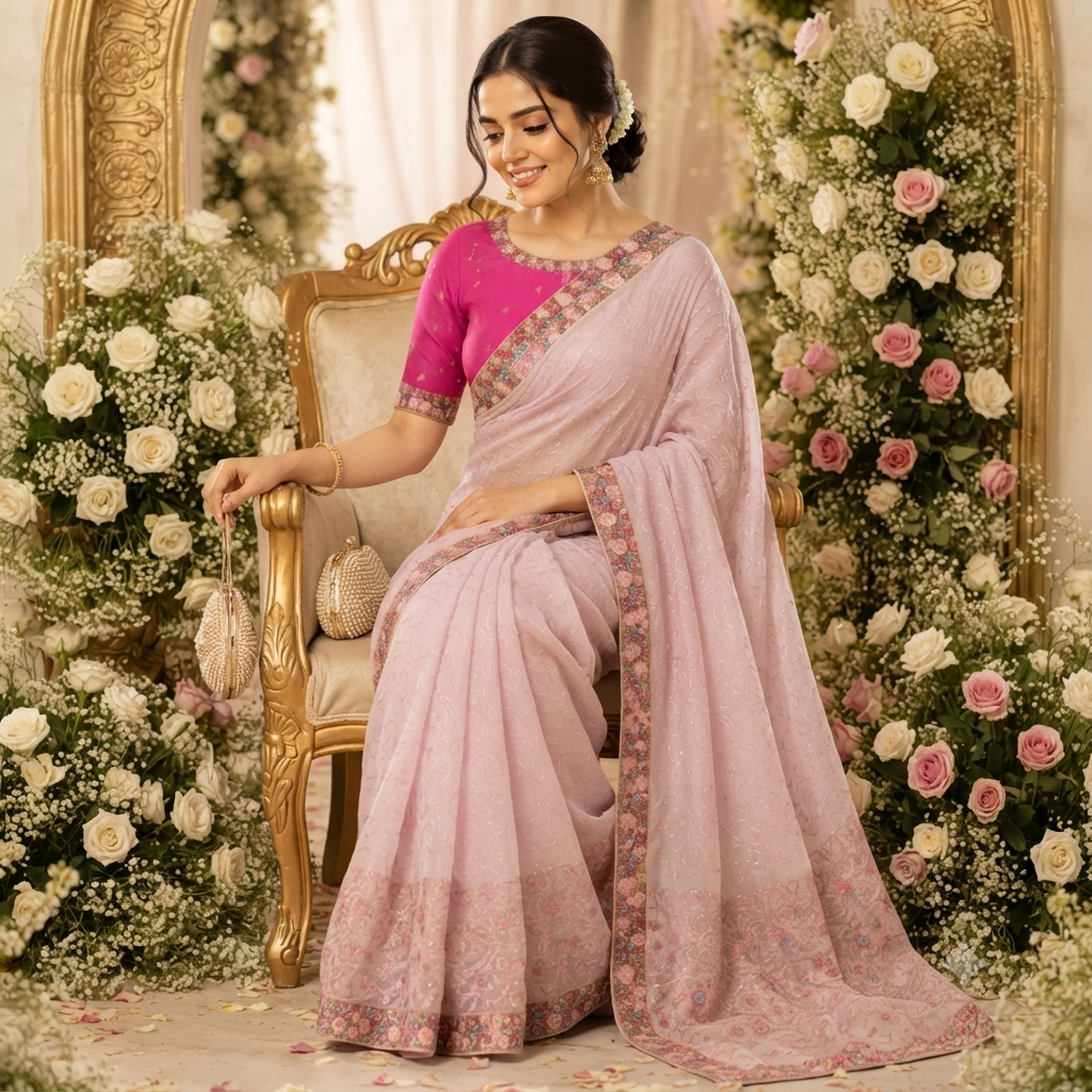 BLUSH PINK CHIKANKARI/EMBROIDERED ORGANZA SAREE
