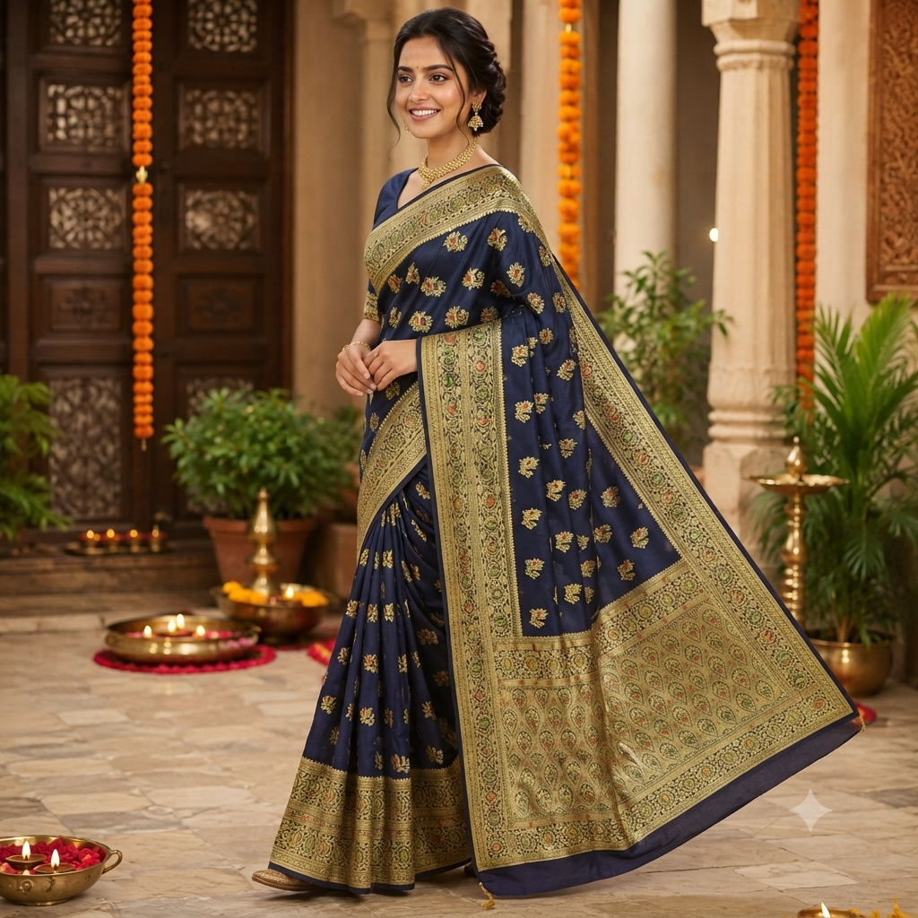 MIDNIGHT BLUE BANARASI SILK SAREES