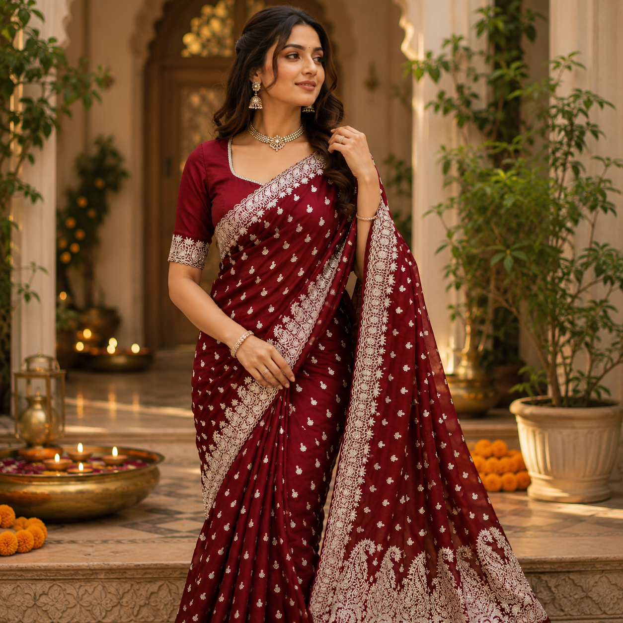 MAROON EMBROIDERED SAREE