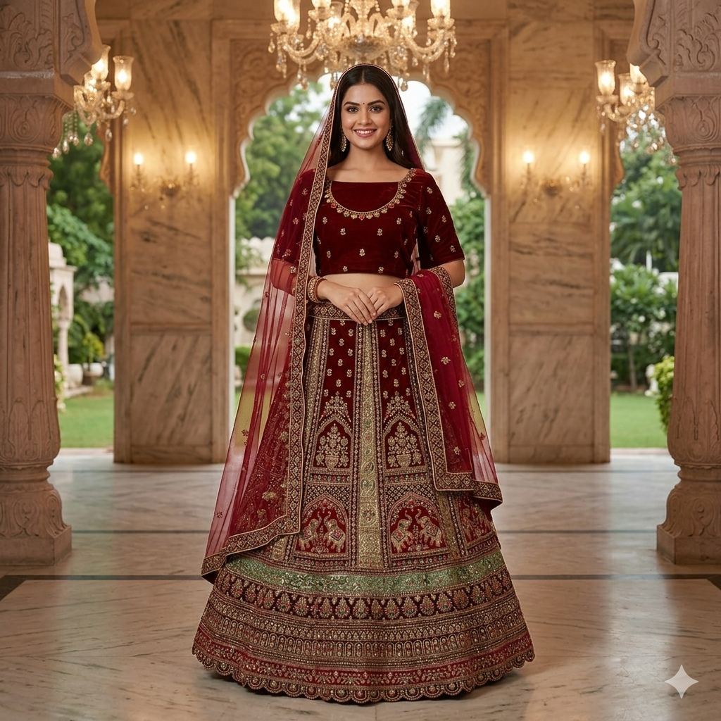 WINE MAROON ROYAL VELVET LEHENGA