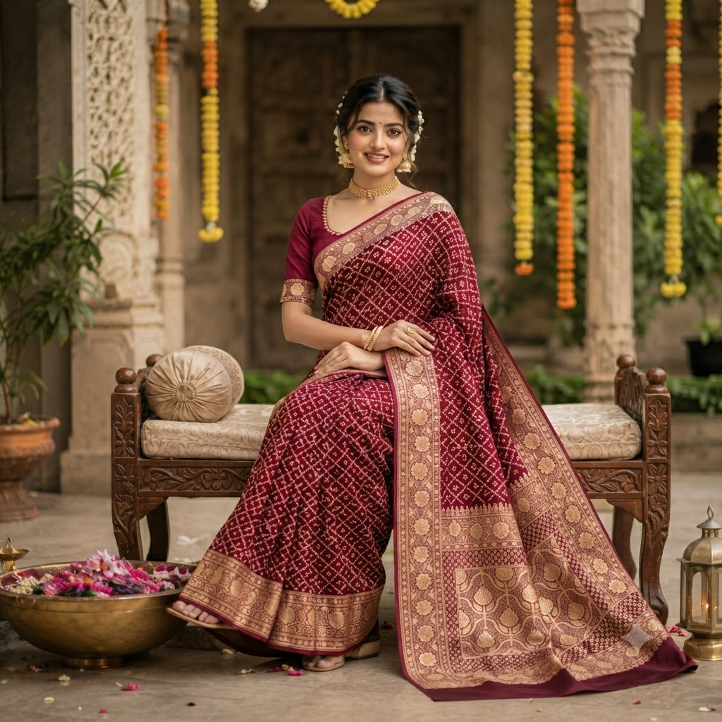 WINE  MAROON BANDHANI BANARASI SILK SAREE