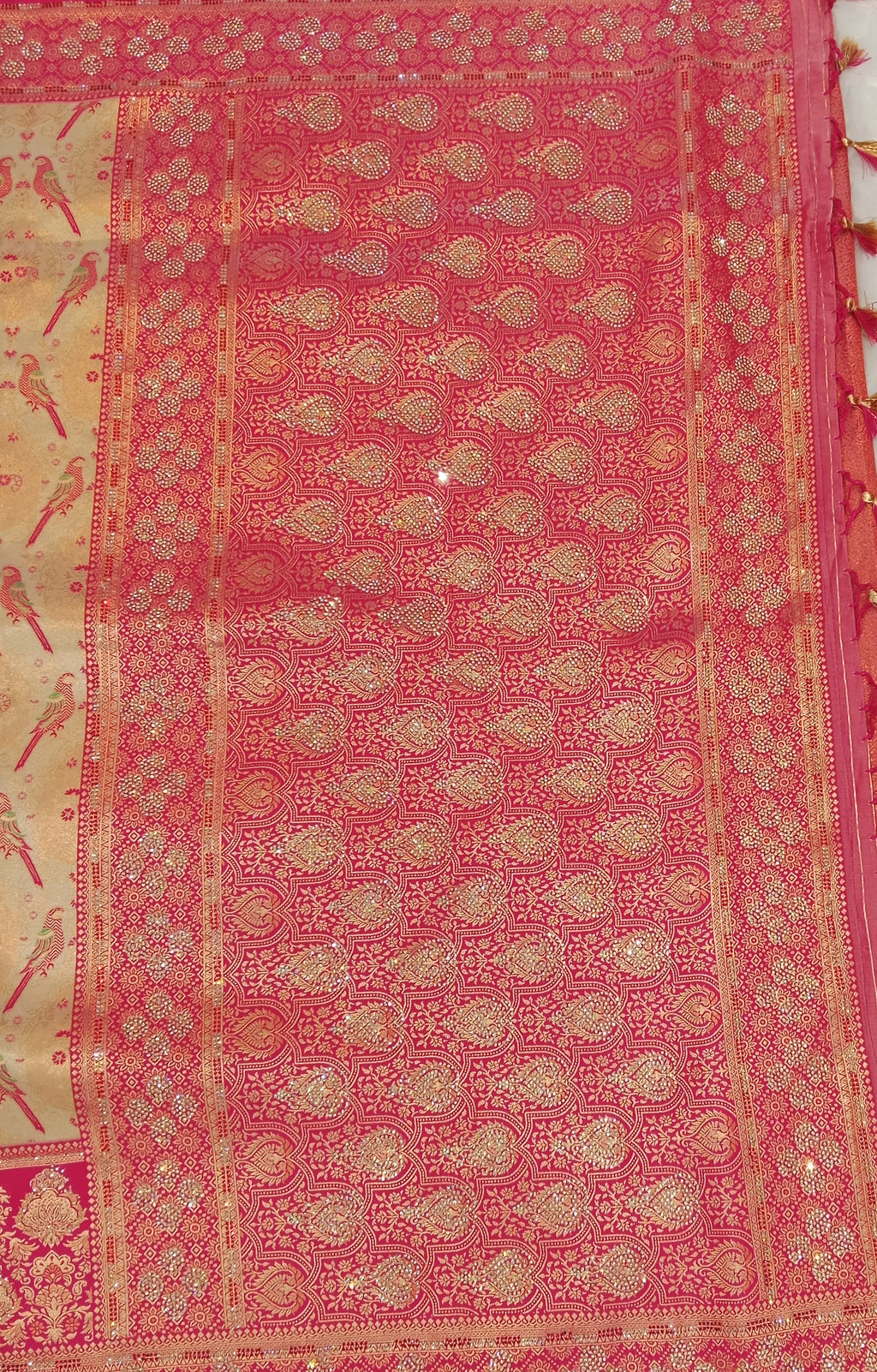SANDALWOOD BANARASI SILK SAREE WITH CONTRAST RANI PINK