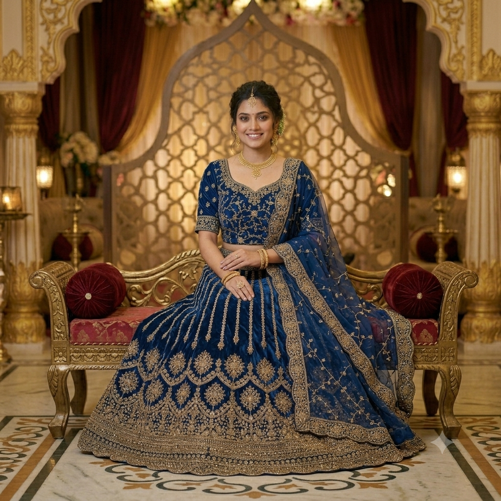 ROYAL BLUE VELVET LEHENGA WITH GOLD ZARI WORK