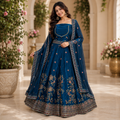 TEAL BLUE VELVET LEHENGA WITH GOLD+ PINK FLORAL EMBROIDERY