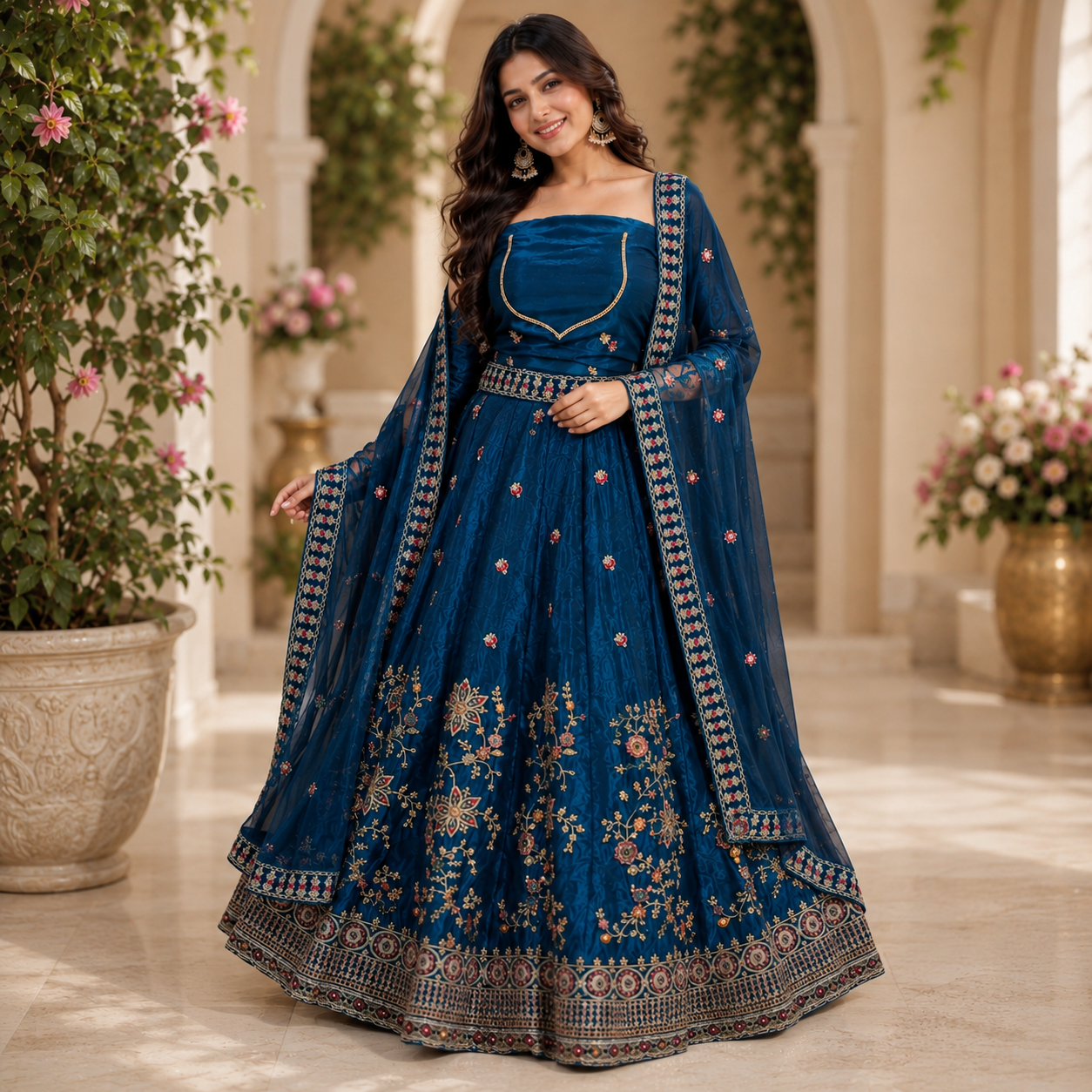 TEAL BLUE VELVET LEHENGA WITH GOLD+ PINK FLORAL EMBROIDERY