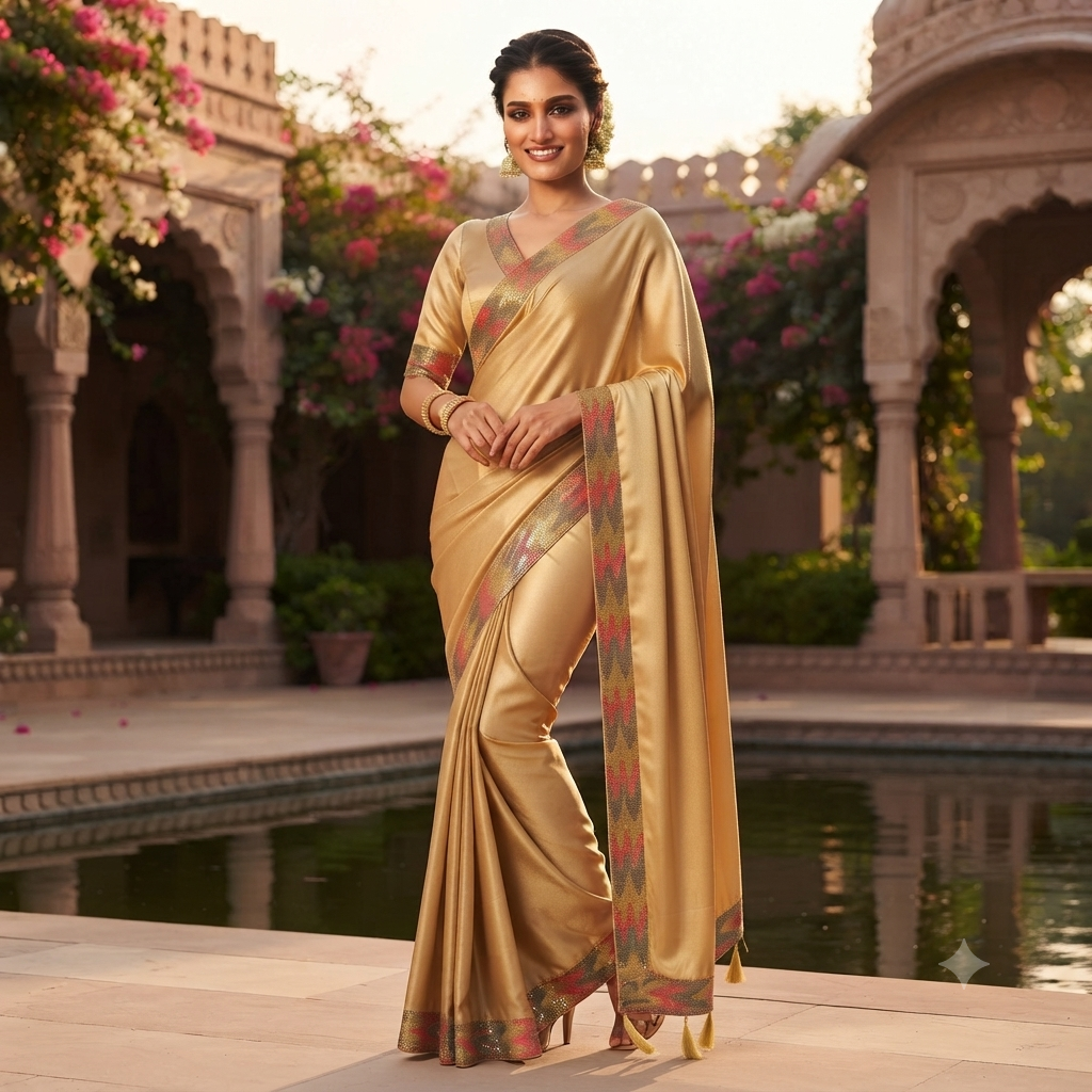 CHAMPAGNE GOLD / BEIGE SATIN SILK SAREE