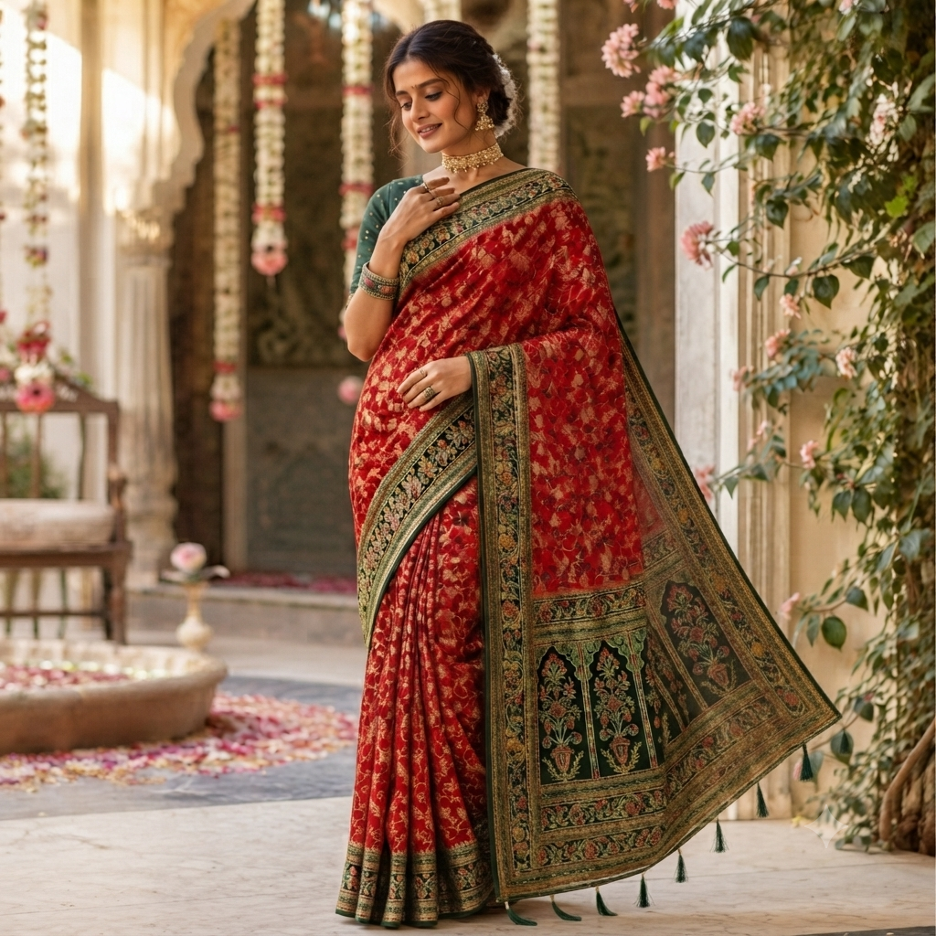 SINDOORI RED BOTTLE GREEN BANARASI SILK SAREE