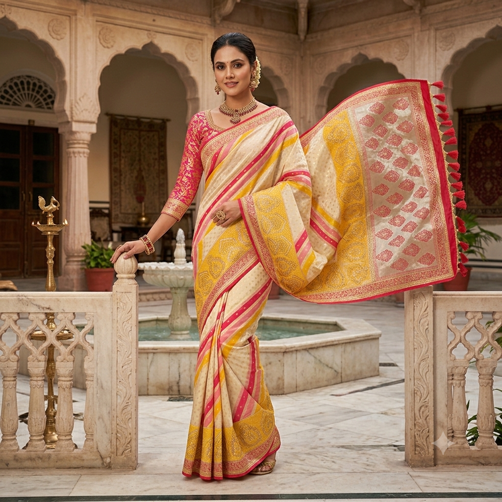 CREAM YELLOW+PINK LEHERIYA BANARASI SILK SAREE