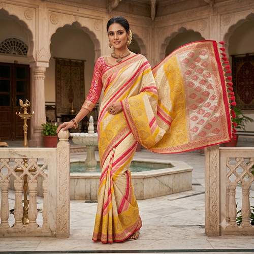 CREAM YELLOW+PINK LEHERIYA BANARASI SILK SAREE
