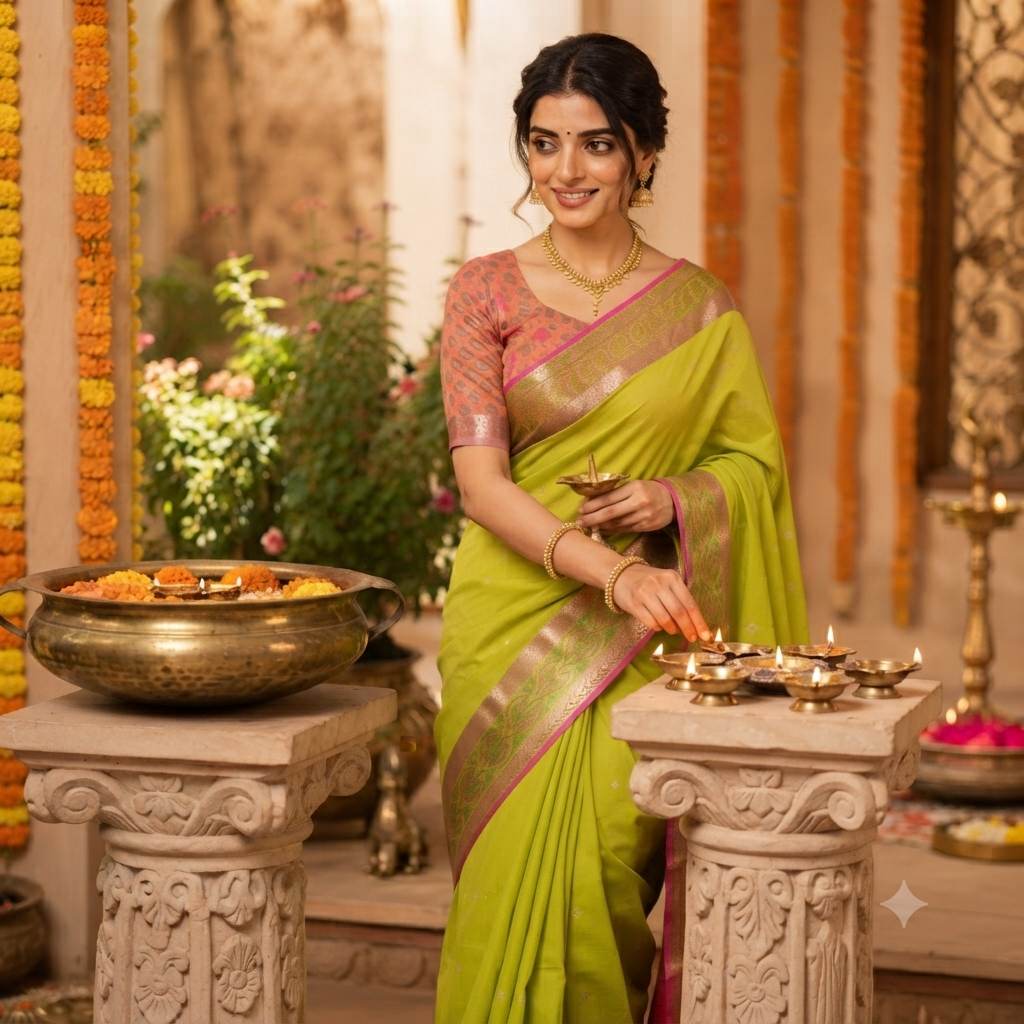 LIME GREEN GADWAL COTTON - SILK SAREE WITH CONTRAST CORAL PINK PALLU