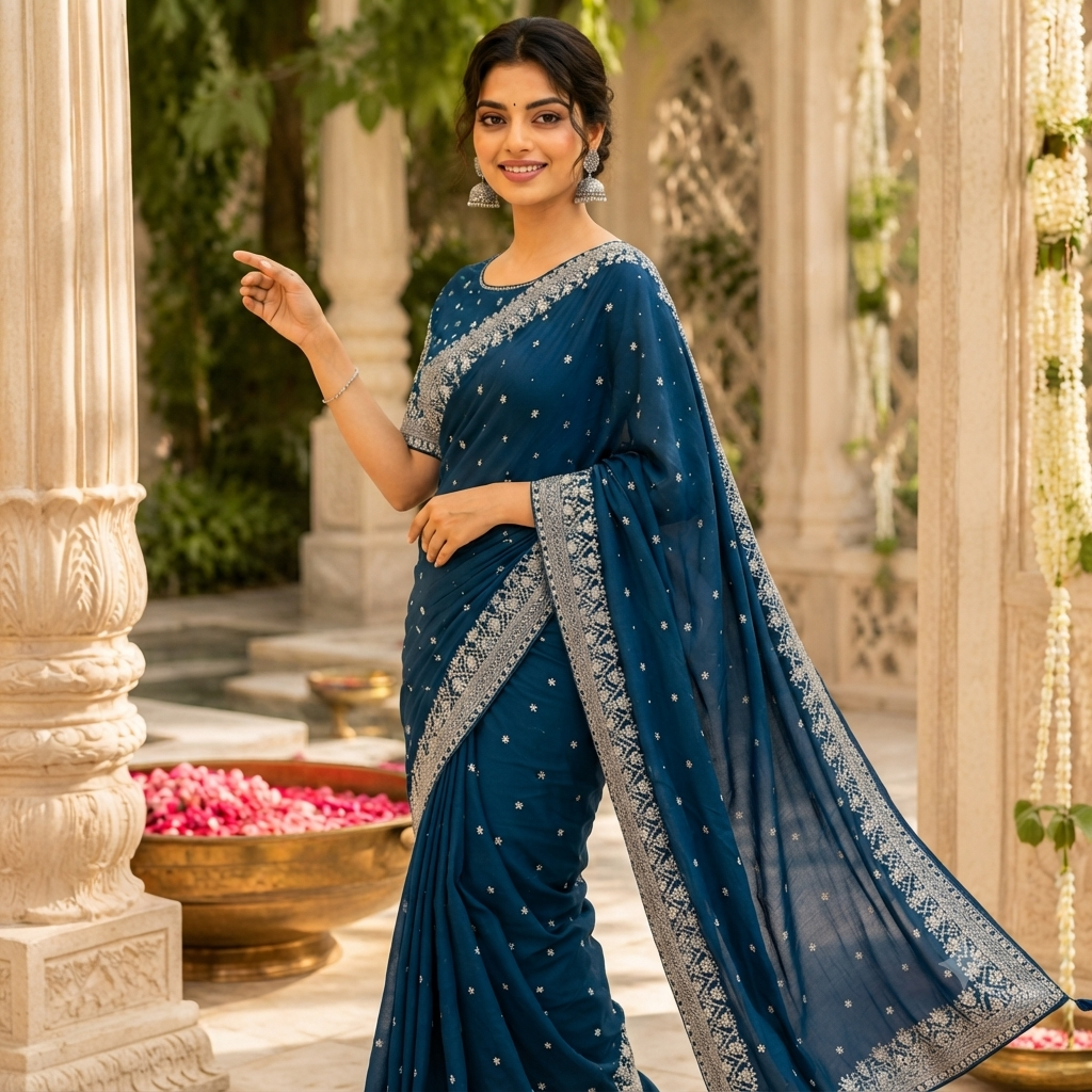 NAVY BLUE/PEACOCK BLUE GEORGETTE SAREE