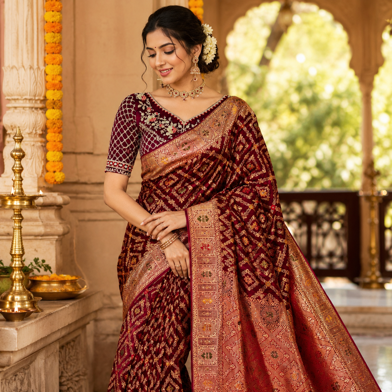 MAROON BANDHANI BANARASI SILK SAREE