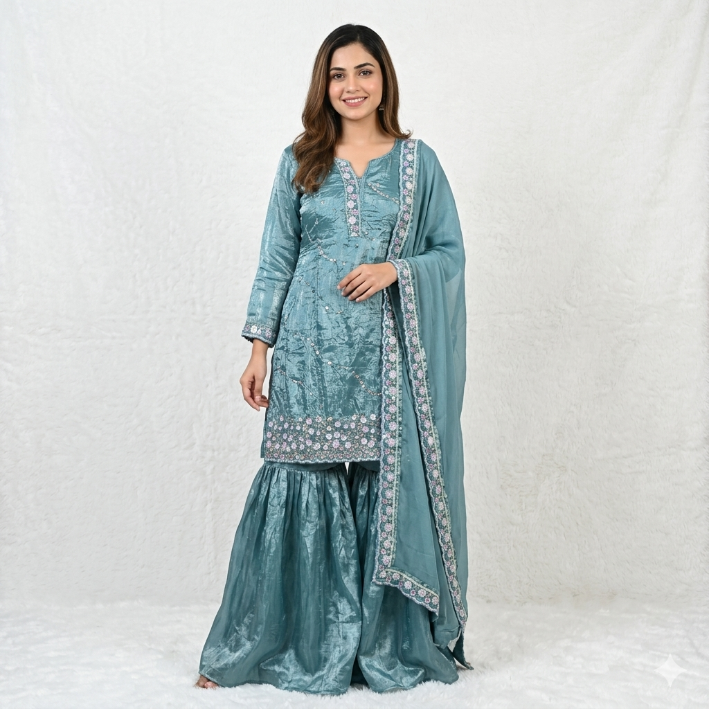 DUSTY BLUE EMBROIDERED SHARARA