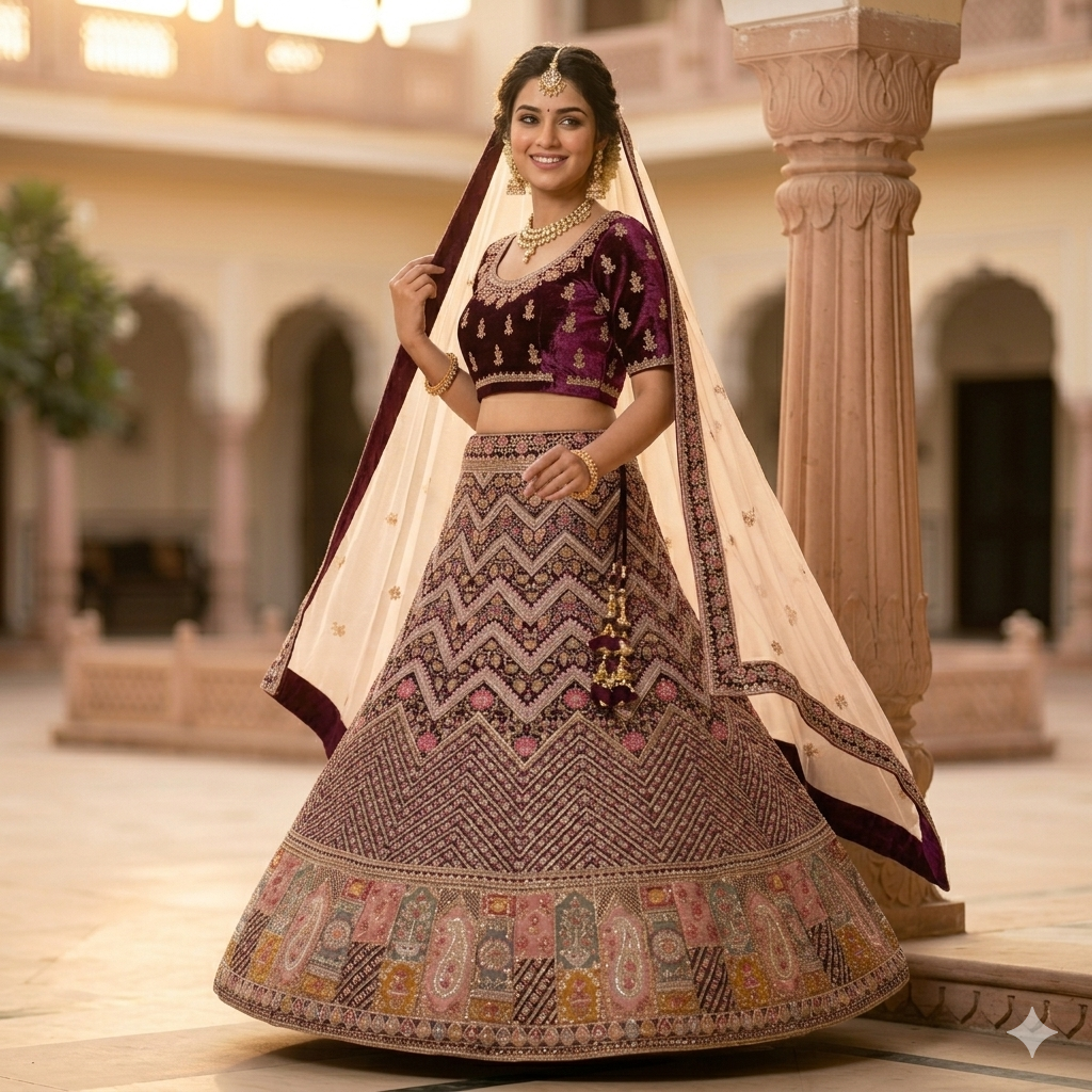 DEEP PLUM RAJWADA LEHENGA