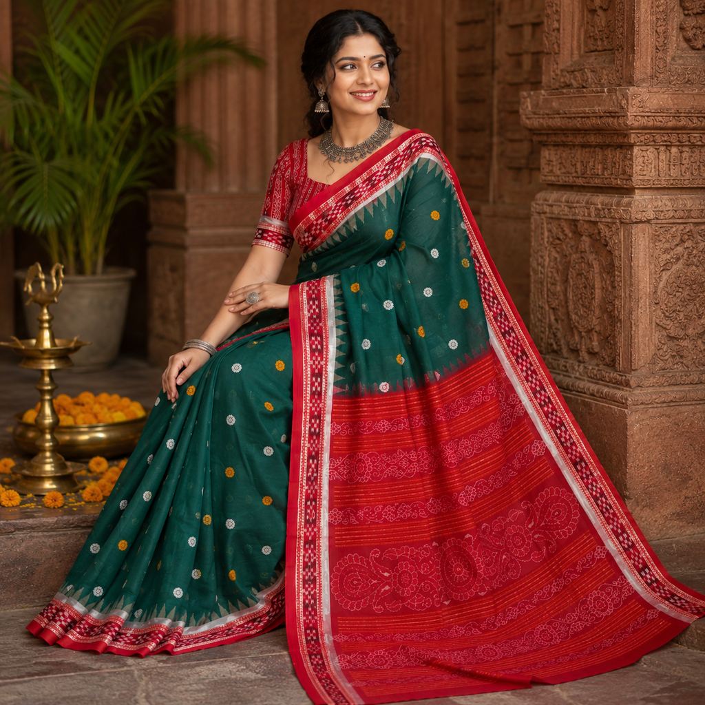 BOTTLE GREEN SAMBALPURI HANDLOOM COTTON SAREE