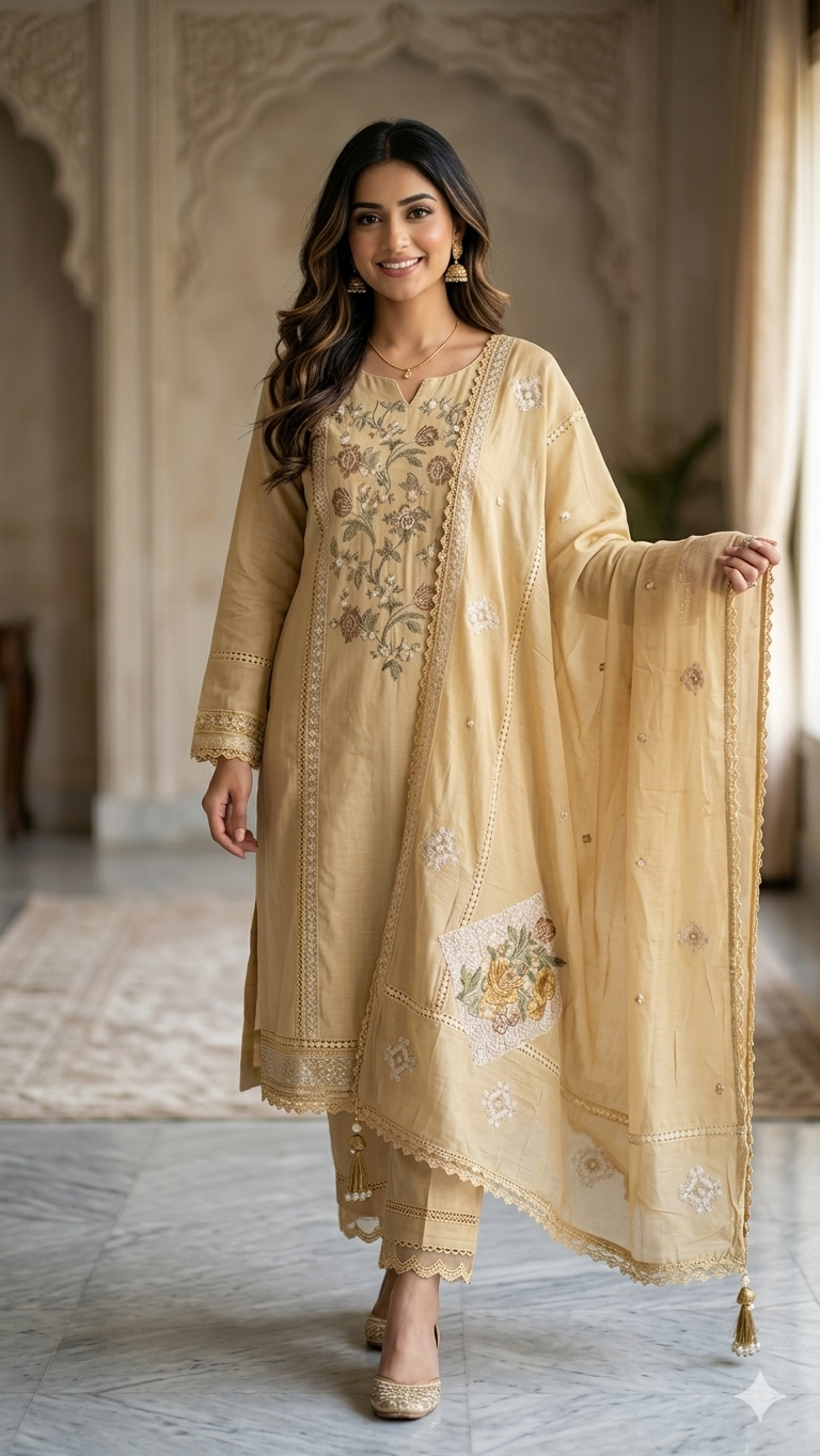 CREAM GOLD EMBROIDERED DRESS MATERIAL