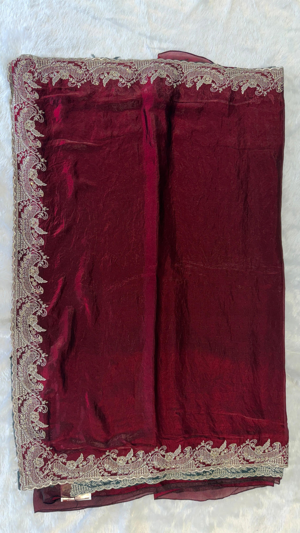 DEEP MAROON VELVET SAREE WITH HEAVY SILVER ZARDOZI BORDER