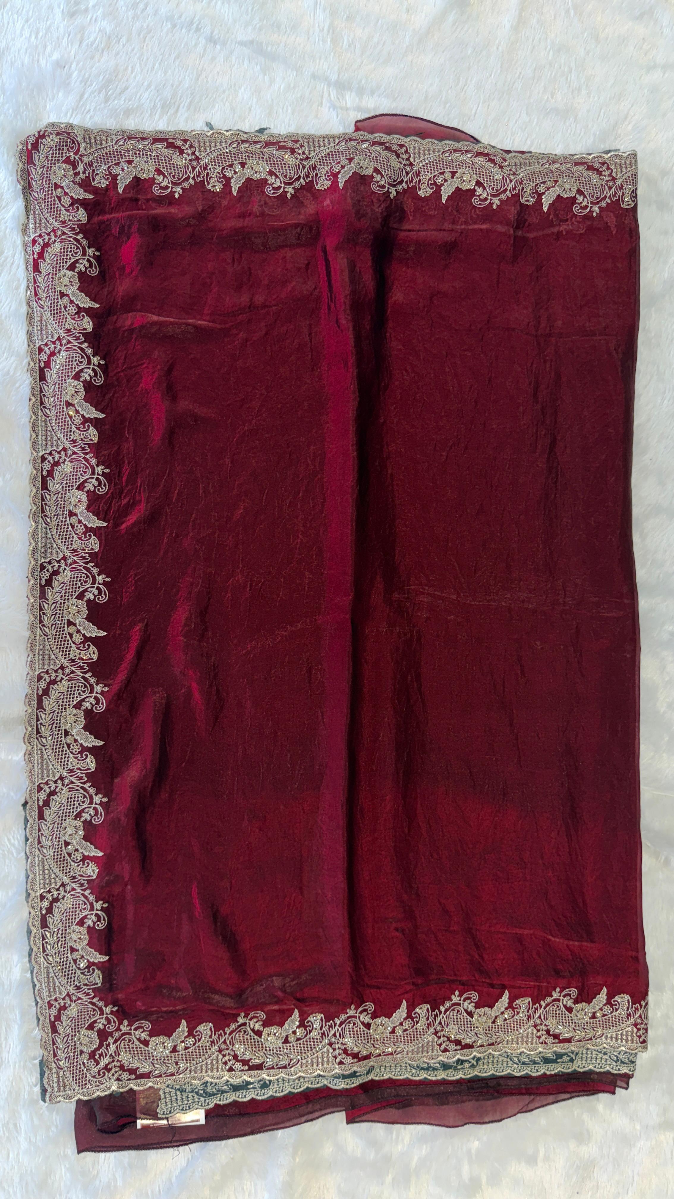 DEEP MAROON VELVET SAREE WITH HEAVY SILVER ZARDOZI BORDER