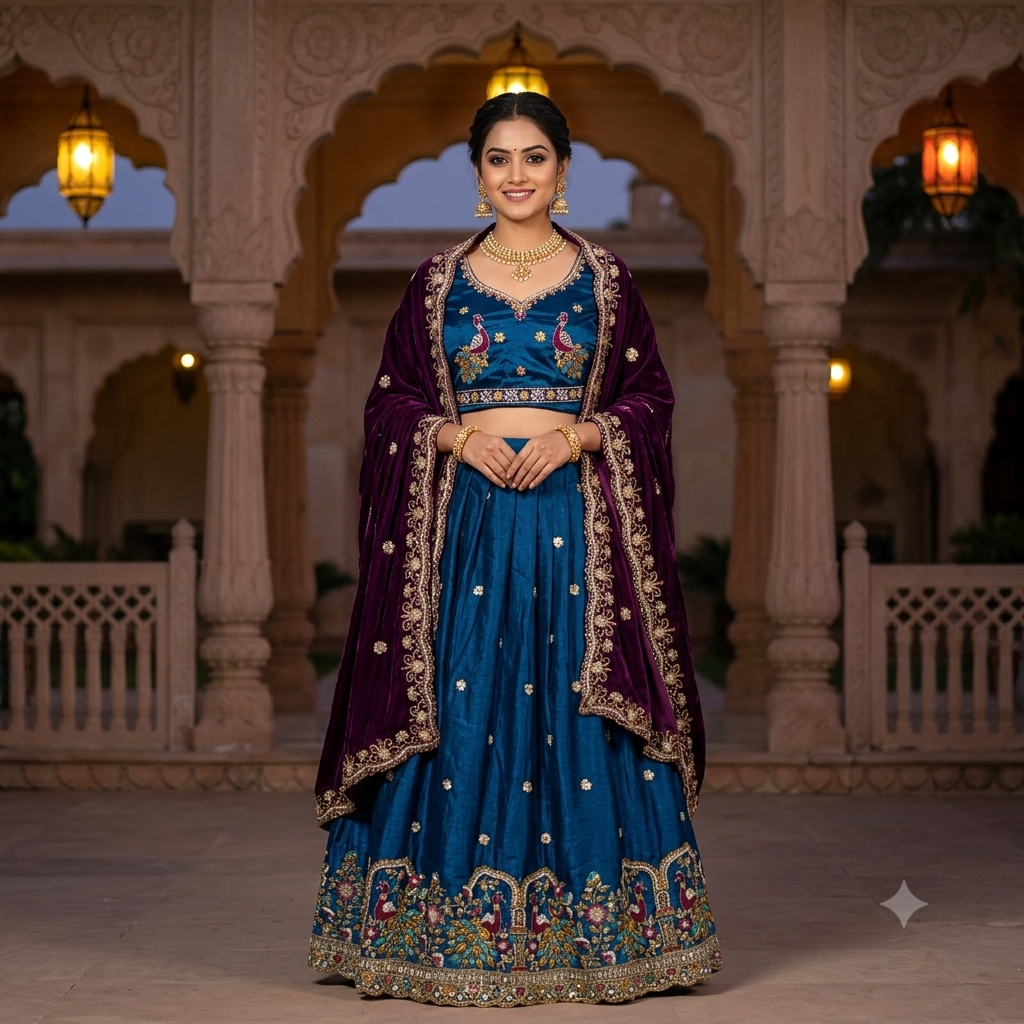 TEAL BLUE LEHENGA WITH PEACOCK+ FLORAL BORDER WORK
