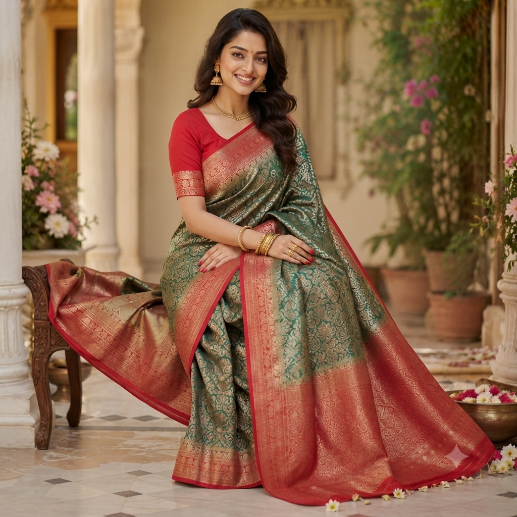 EMERALD GREEN RED BANARASI SILK SAREE
