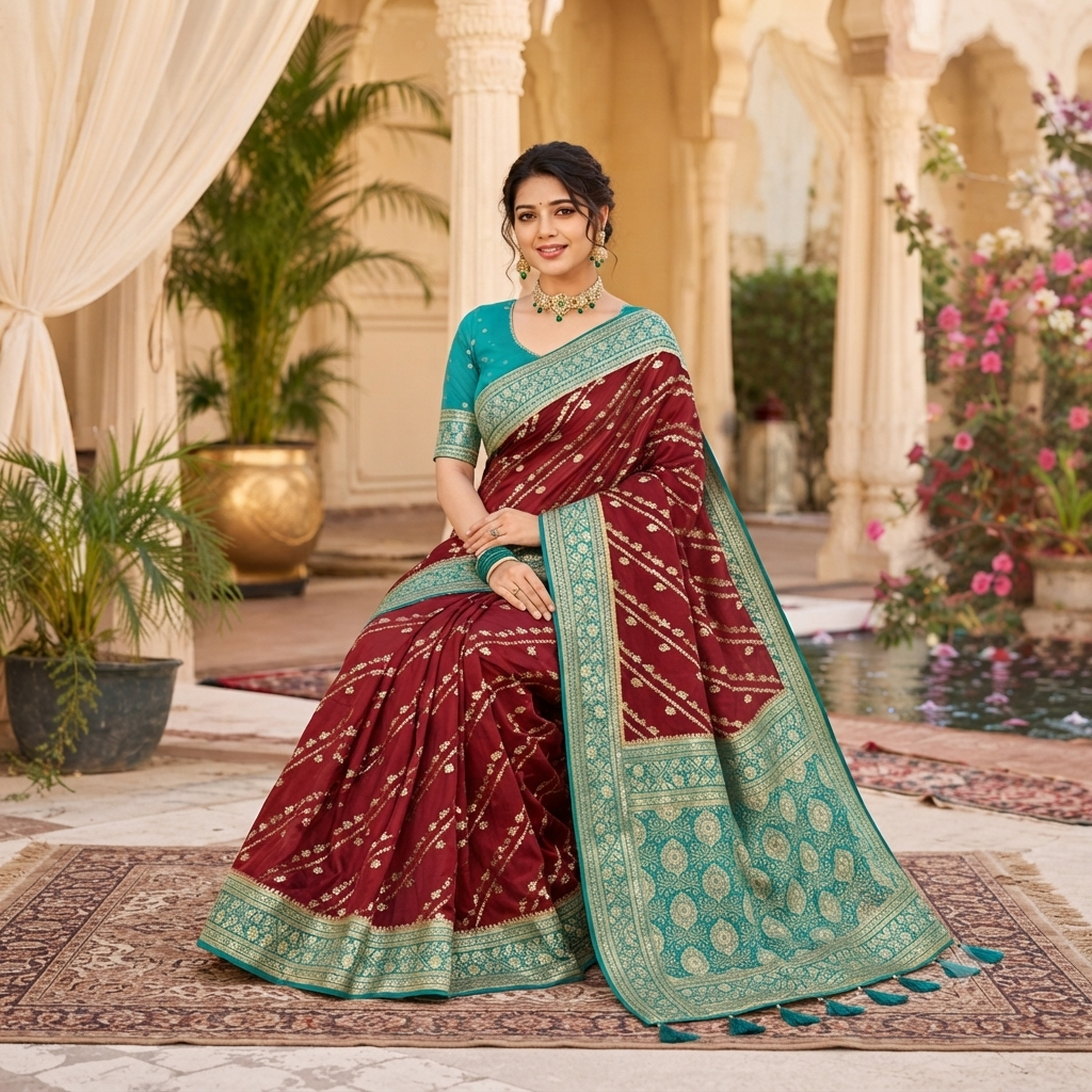 MAROON TEAL BANARASI SILK SAREE