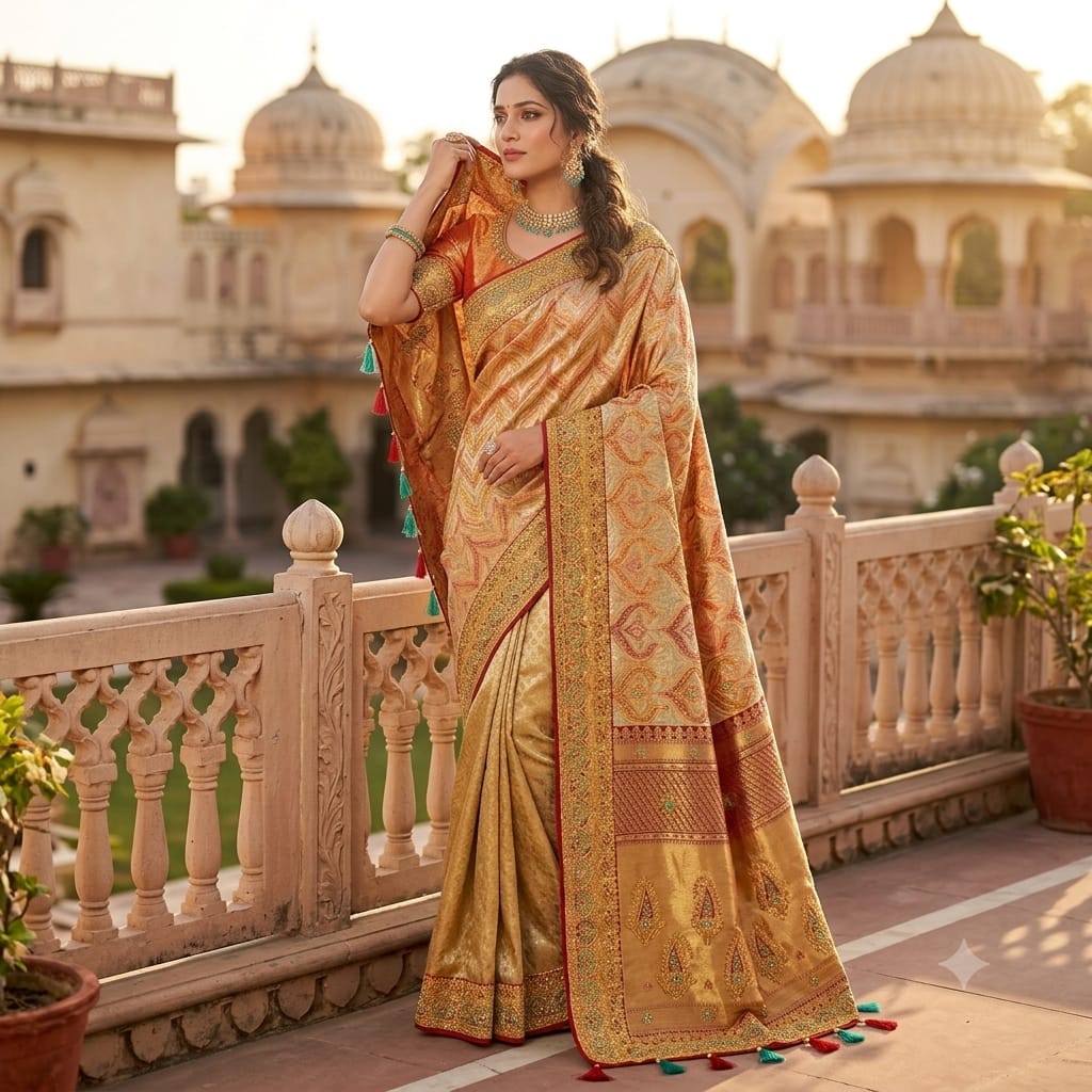POWDER BLUE BANARASI SILK SAREE WITH BURNT ORANGE
