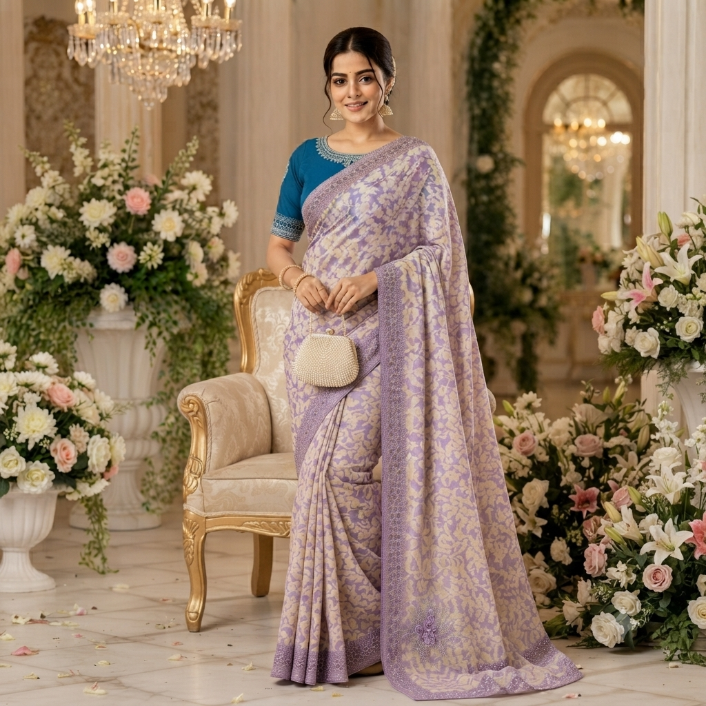 LAVENDER+BEIGE FLORAL PRINT ORGANZA/SATIN SAREE