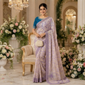 LAVENDER+BEIGE FLORAL PRINT ORGANZA/SATIN SAREE