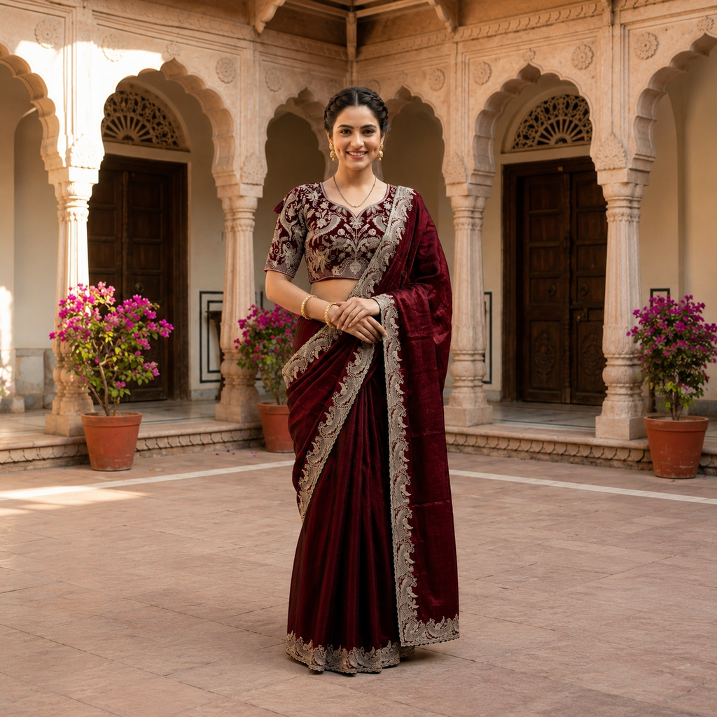 DEEP MAROON VELVET SAREE WITH HEAVY SILVER ZARDOZI BORDER