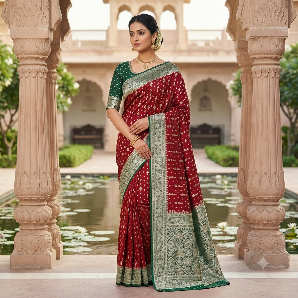 MAROON BANARASI SILK SAREE WITH BOTTLE GREEN CONTRAST