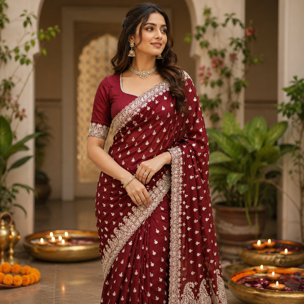 MAROON EMBROIDERED SAREE