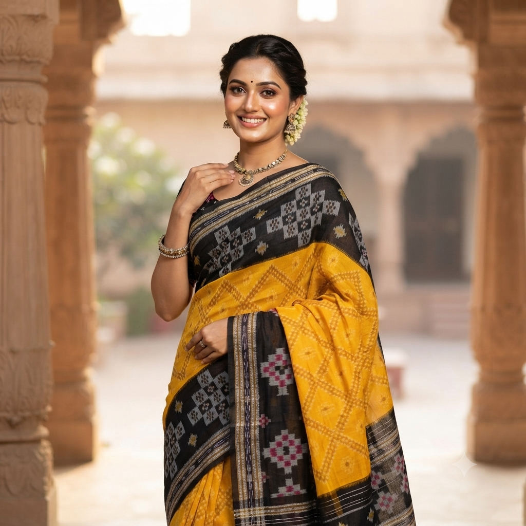 YELLOW BLACK PURE SAMBALPURI  HANDLOOM COTTON SAREE