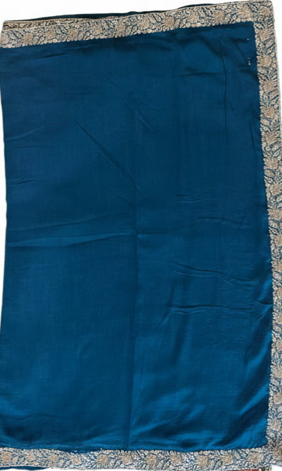 TEAL BLUE SATIN SAREE WITH HEAVY SILVER ZARI BORDER