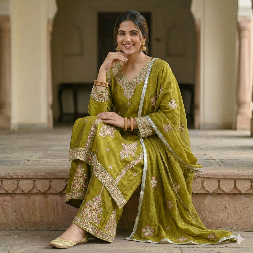 OLIVE GREEN EMBROIDERED SHARARA