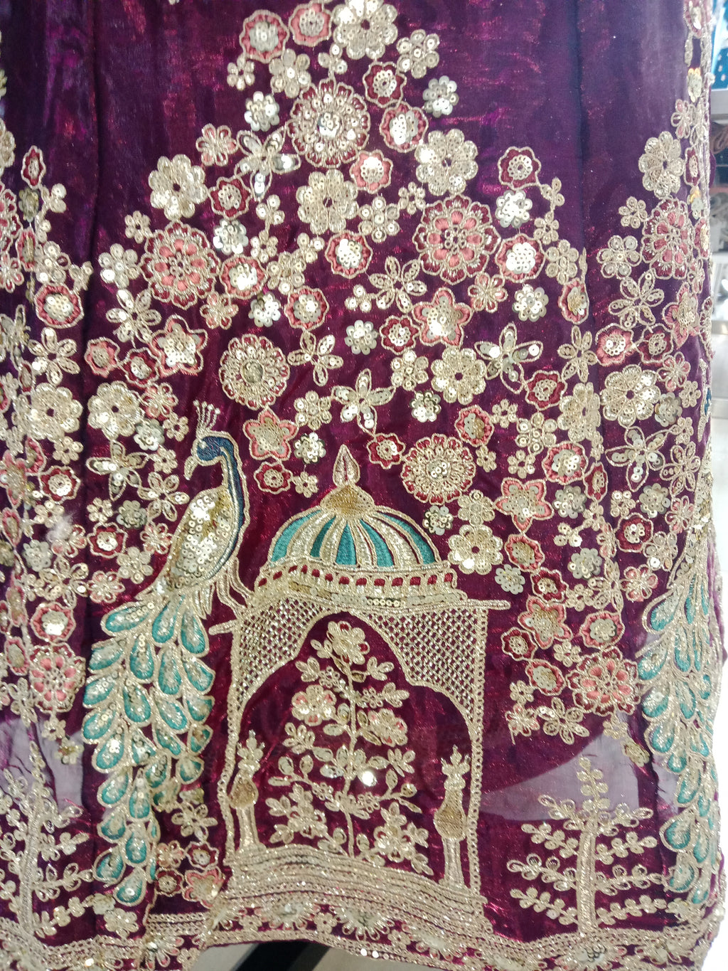WINE PEACOCK WORK LEHENGA
