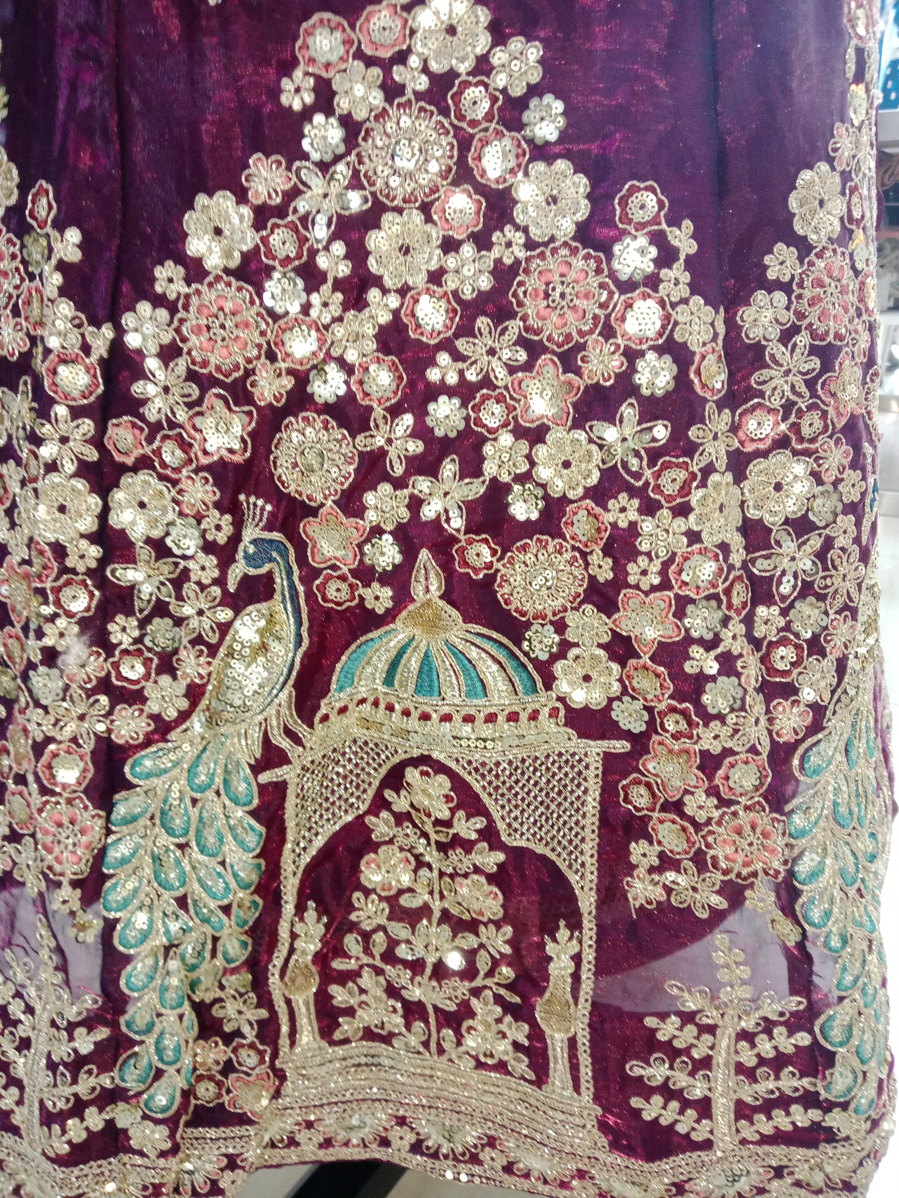 WINE PEACOCK WORK LEHENGA