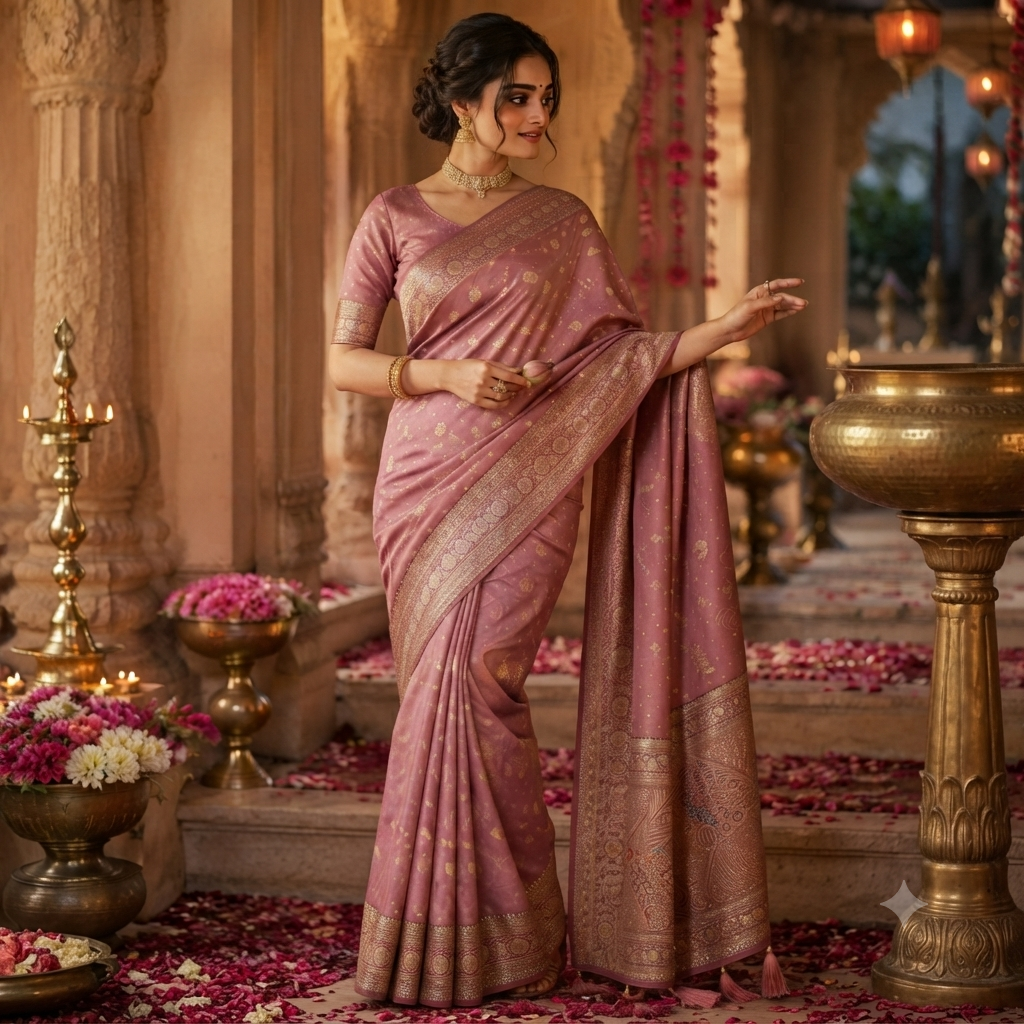 DUSTY ROSE GOLD BANARASI SILK SAREE