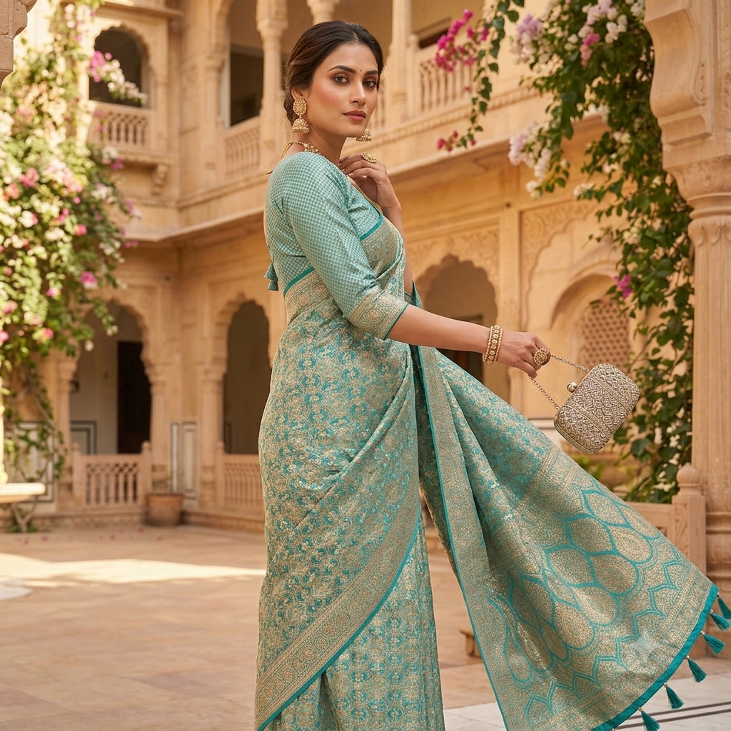 AQUA TURQUOISE BANARASI SILK SAREE WITH FULL GOLD ZARI
