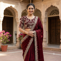 DEEP MAROON VELVET SAREE WITH HEAVY SILVER ZARDOZI BORDER