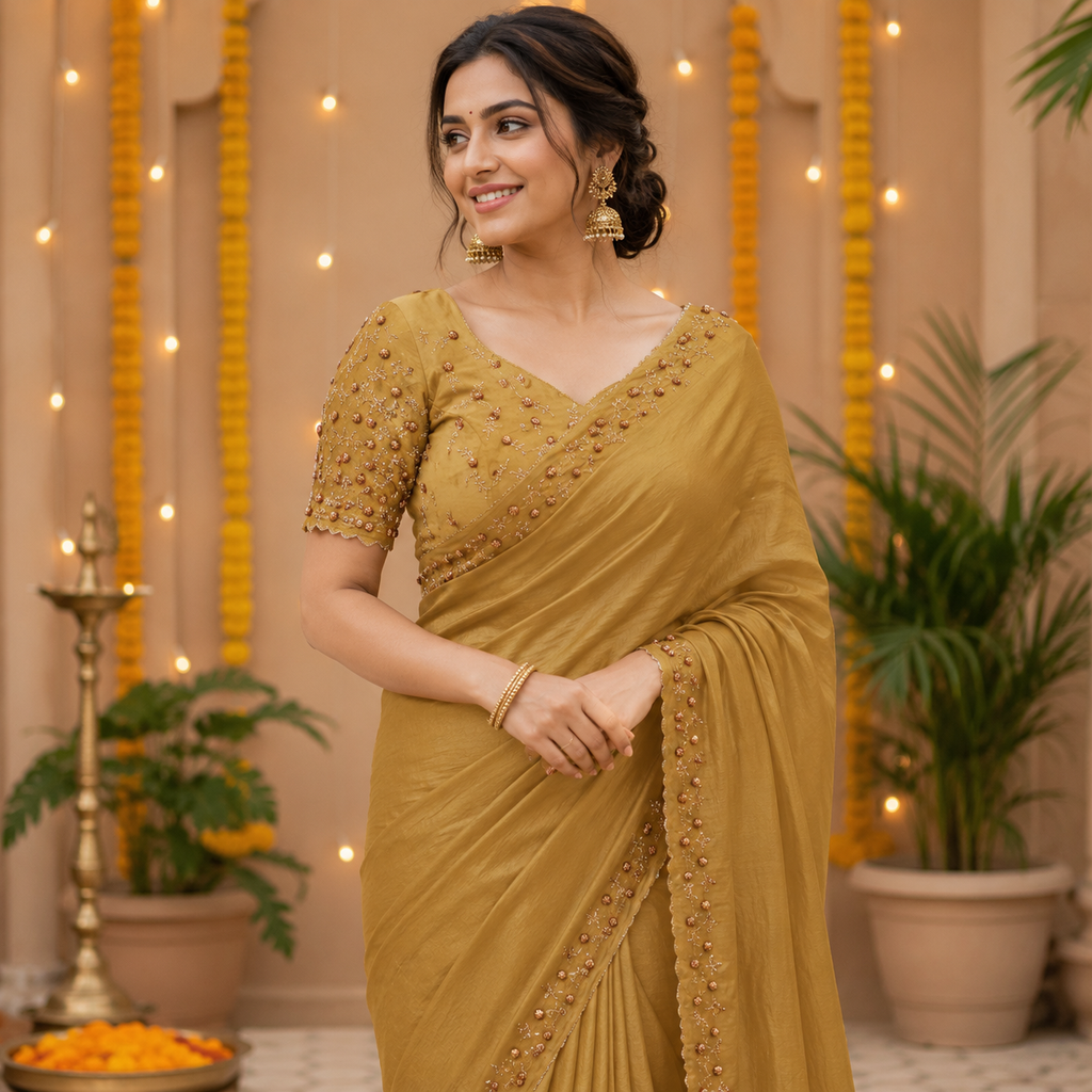 OLIVE GOLD TISSUE SAREE WITH BEADED BORDER WORK
