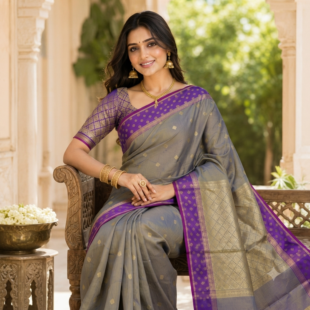 STEEL GREY BANARASI TISSUE SILK SAREE WITH ROYAL PURPLE BORDER
