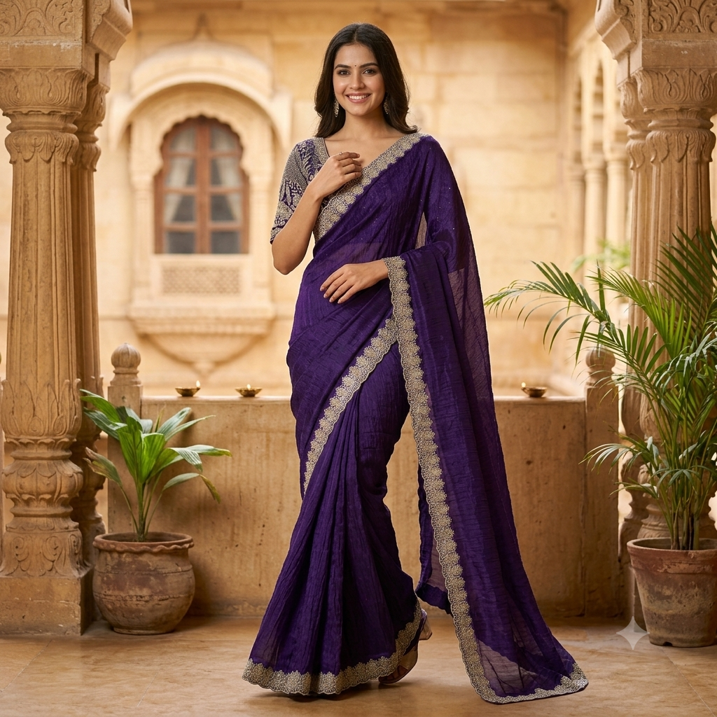 RICH VIOLET GEORGETTE SAREE WITH SILVER SCALLOP BORDER