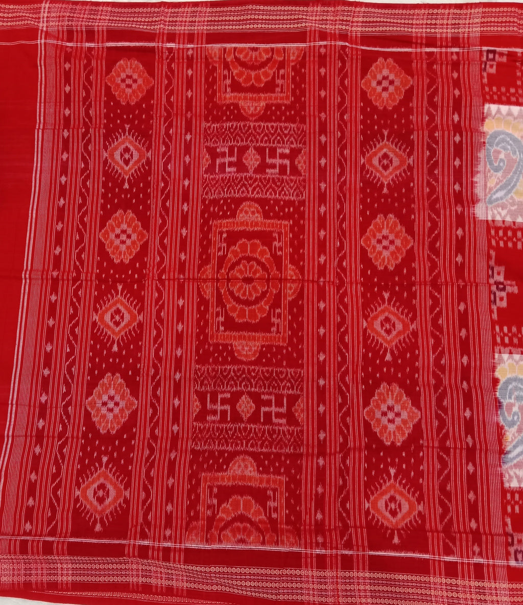BRIGHT RED AND WHITE SAMBALPURI HANDLOOM COTTON SAREE