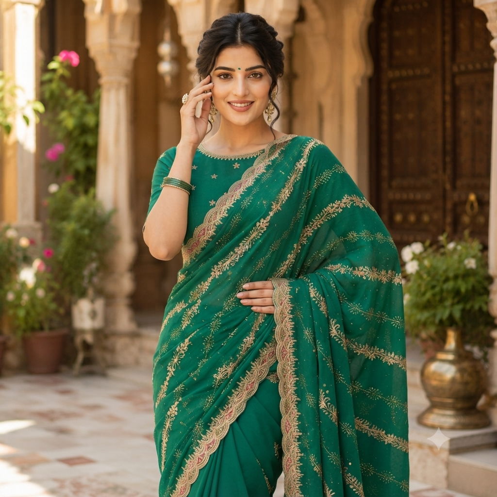 BOTTLE GREEN GEORGETTE SAREE