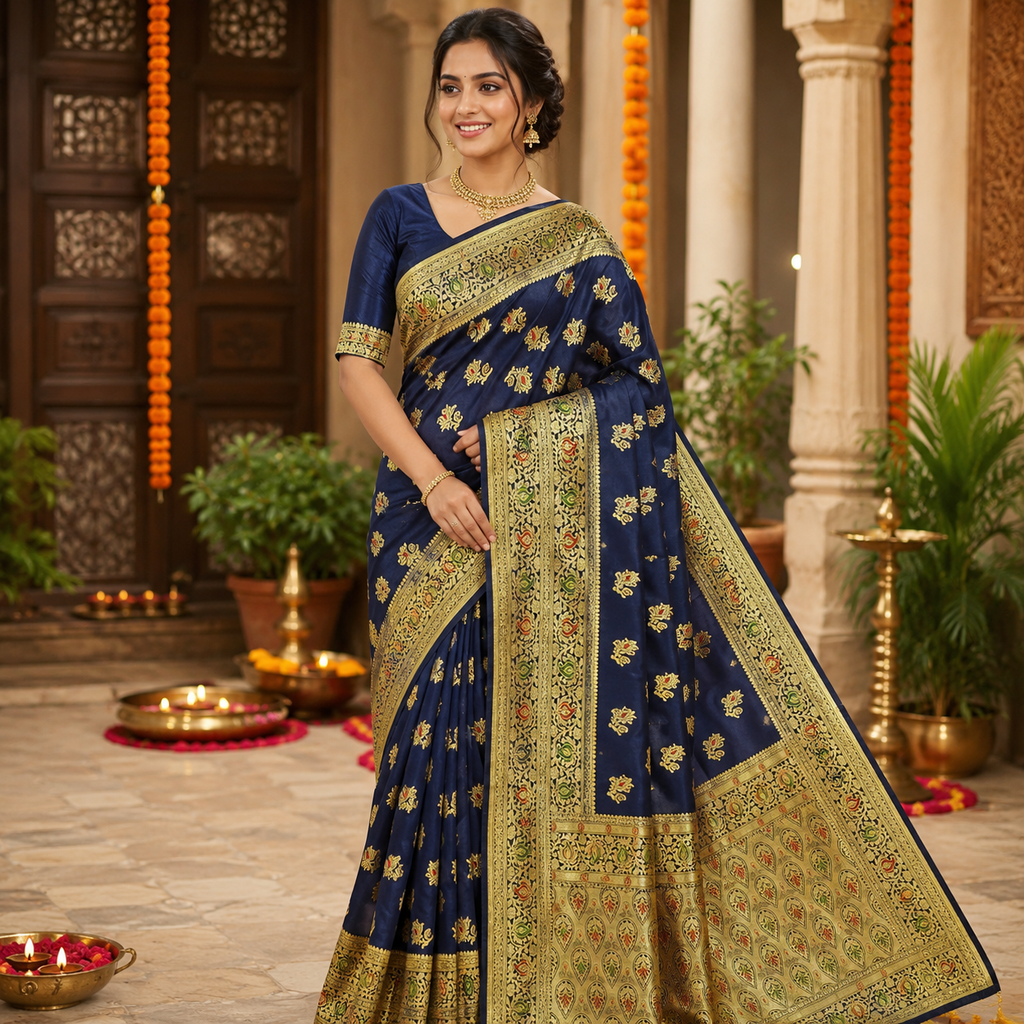 MIDNIGHT BLUE BANARASI SILK SAREES