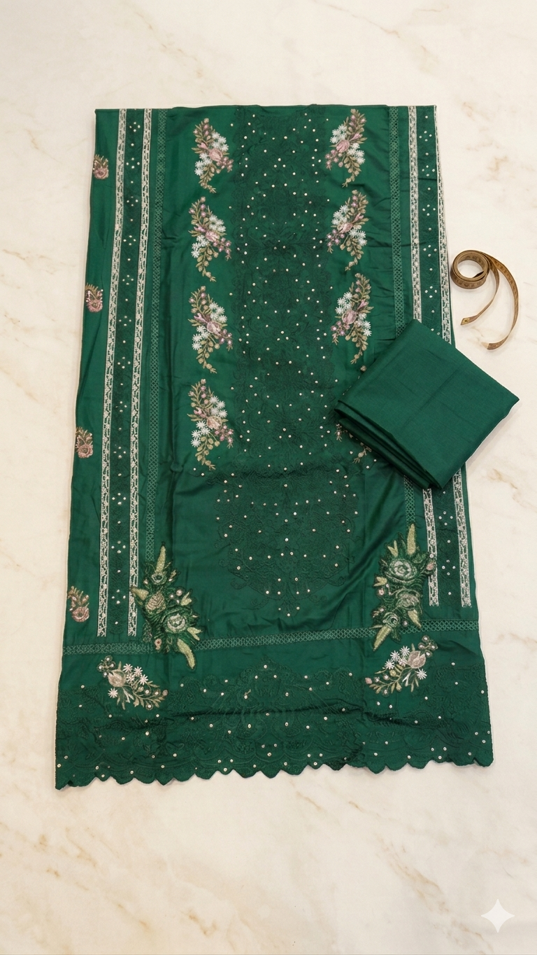EMERALD GREEN EMBROIDERED DRESS MATERIAL